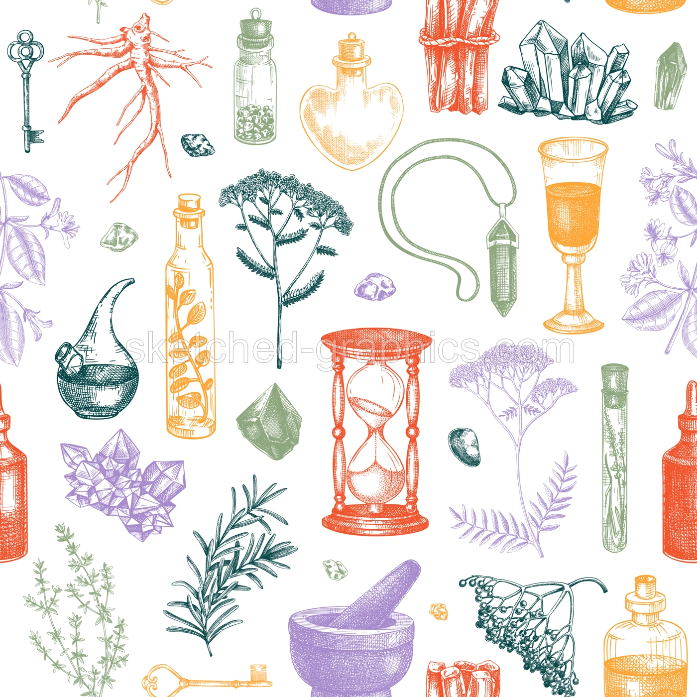 Herbal medicine ingredients background. Apothecary herbs seamless pattern. Alchemy, witchcraft hand-drawn vector illustrations.  NOT AI generated Illustration